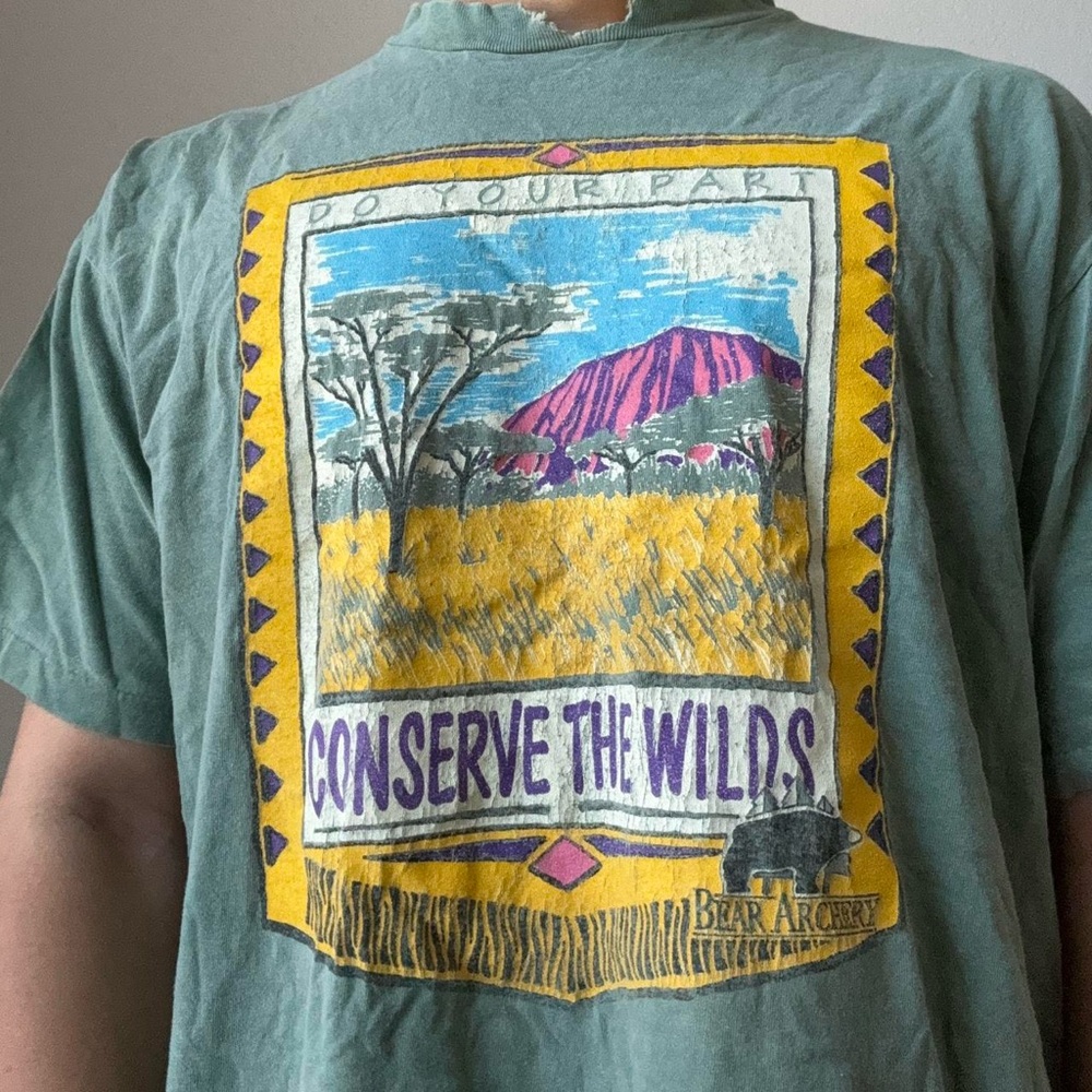 Vintage 1990s Conserve the Wilds Graphics Green Single Stitched T-Shirt - Picture 4 of 7